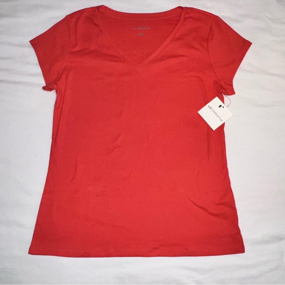 NWT Liz Claiborne Coral 100% Cotton V-Neck Short Sleeve T- Shirt Women’s Large